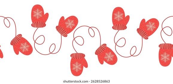 Merry Christmas seamless horizontal banner with candles, gnomes, Christmas wreath, snowman, mittens, cocoa mug. Flat illustration