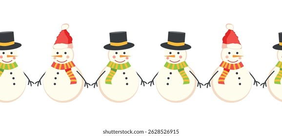 Merry Christmas seamless horizontal banner with candles, gnomes, Christmas wreath, snowman, mittens, cocoa mug. Flat illustration
