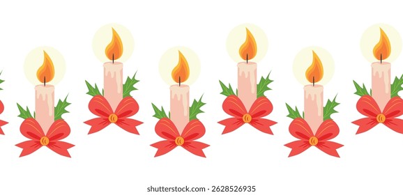 Merry Christmas seamless horizontal banner with candles, gnomes, Christmas wreath, snowman, mittens, cocoa mug. Flat illustration