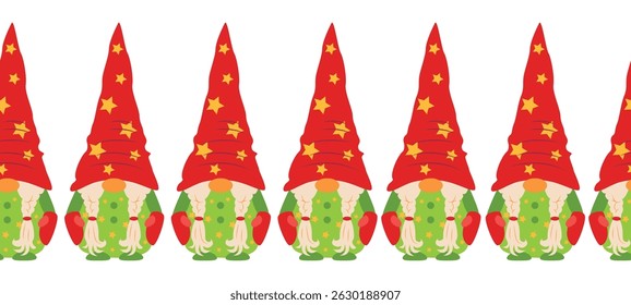 Merry Christmas seamless horizontal banner with candles, gnomes, Christmas wreath, snowman, mittens, cocoa mug. Flat illustration