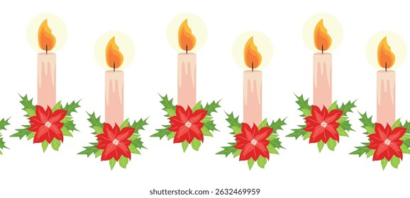 Merry Christmas seamless horizontal banner with candles, gnomes, Christmas wreath, snowman, mittens, cocoa mug. Flat illustration