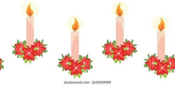 Merry Christmas seamless horizontal banner with candles, gnomes, Christmas wreath, snowman, mittens, cocoa mug. Flat illustration