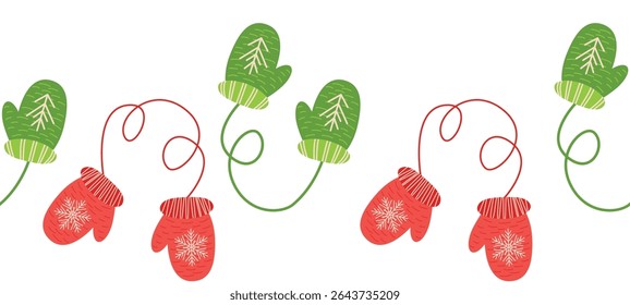 Merry Christmas seamless horizontal banner with candles, gnomes, Christmas wreath, snowman, mittens, cocoa mug. Flat illustration