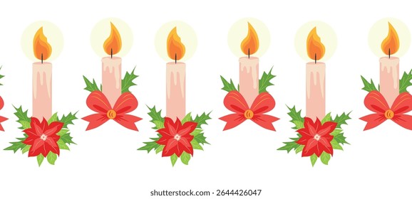 Merry Christmas seamless horizontal banner with candles, gnomes, Christmas wreath, snowman, mittens, cocoa mug. Flat illustration