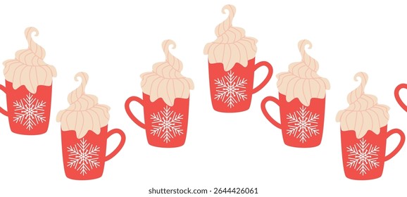 Merry Christmas seamless horizontal banner with candles, gnomes, Christmas wreath, snowman, mittens, cocoa mug. Flat illustration
