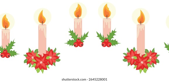 Merry Christmas seamless horizontal banner with candles, gnomes, Christmas wreath, snowman, mittens, cocoa mug. Flat illustration