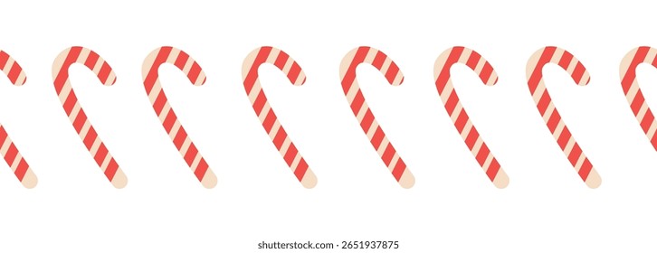 Merry Christmas seamless horizontal banner with candy cane, gingerbread, Christmas boot, flat illustration