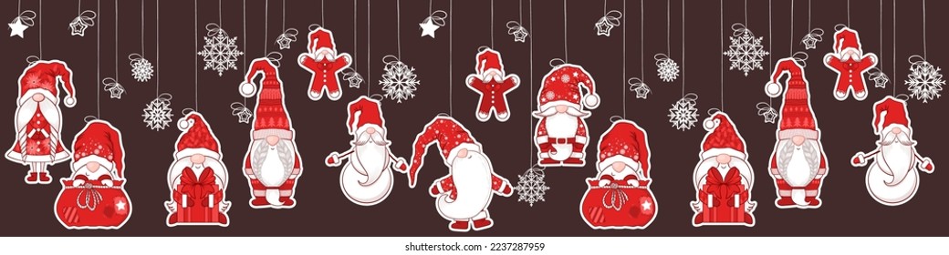 Merry Christmas Seamless horizontal pattern with cute hand drawn gnomes decoration isolated on brown background. Vector illustration for print, wrapping paper, card, wallpaper, banner