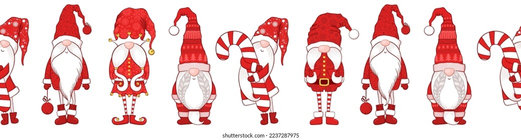 Merry Christmas Seamless horizontal pattern with cute hand drawn gnomes isolated on white background. Vector illustration for print, wrapping paper, card, wallpaper, banner