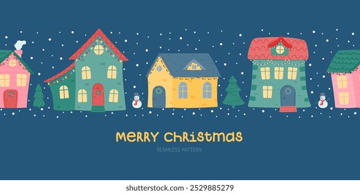 Merry Christmas. Seamless horizontal pattern. Cute winter houses. Decorated houses on the background of falling snow, fir trees and a snowman. Vector illustration in a flat style.