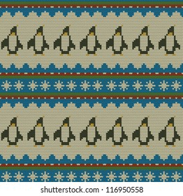 Merry Christmas! Seamless knit pattern with penguins Knitted texture wallpaper, background