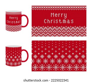 Merry Christmas seamless knit print with snowflakes and zigzag border. Red cup with Xmas knitting texture. Holiday fair isle traditional design. Christmas winter pattern. Vector illustration.