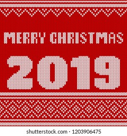 Merry Christmas Seamless Knitted Pattern with number 2019. Knitting Sweater Design. Wool Knitted Texture. Stitches grouped by rows. Easy to edit. Vector illustration