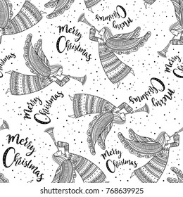 Merry Christmas seamless pattern with angel with horn and snow in night sky with stars. Can be printed and used as wrapping paper, background, wallpaper, textile, etc.  