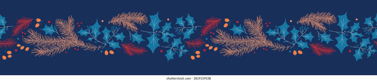Merry Christmas seamless pattern background for New Year banner, holiday packaging, label design. Winter sale fair pattern. Xmas greeting card with pine cone border and Christmas frame illustration.