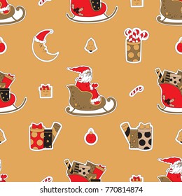 Merry Christmas seamless pattern background. Santa, gifts, candy and moon vector illustration. Xmas doodle wallpaper.
