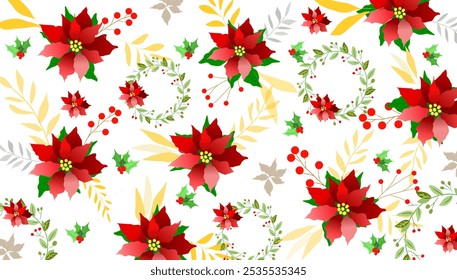 Merry Christmas seamless pattern banner with wreath, poinsettia, red berries branches on white background for card design, wrapping pattern.