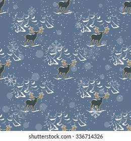 Merry Christmas seamless pattern. Beautiful deers in the winter forest vintage vector pattern 