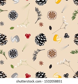 Merry Christmas seamless pattern beige background with pine cone and 
dried fruits, rosemary in flat style. Vector illustration. Star anise