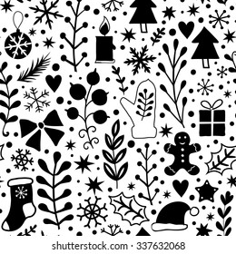 Merry Christmas seamless pattern black and white, Happy New Year background, wrapping paper texture, silhouette.Classic elements Christmas pattern winter background. Holidays icons.