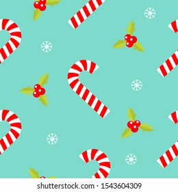 Merry Christmas Seamless Pattern. Candy Cane red white stick. Holly berry icon. Cute Mistletoe. Green leaf. Three red berries. Snow flake. Flat design. Blue background. Vector illustration.