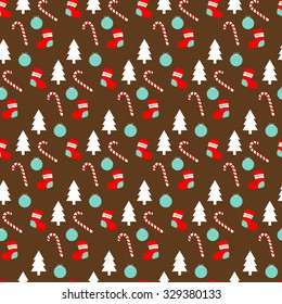 Merry Christmas seamless pattern. Candy, sock, ball,  toy,  lollipop, and Christmas tree. Vector illustration