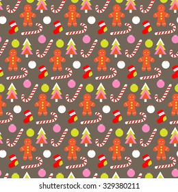 Merry Christmas seamless pattern. Candy, cake, ball,  toy,  sock,  lollipop, and Christmas tree. Vector illustration