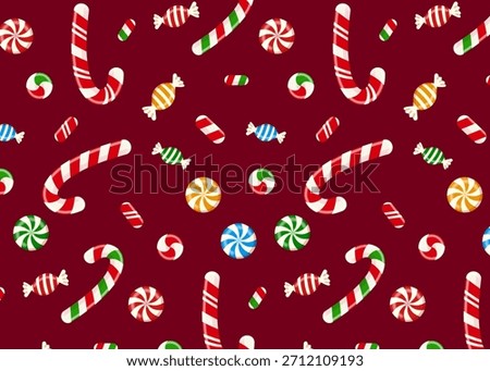 Merry Christmas seamless pattern with candy canes and peppermint sweets. Festive Xmas backdrop for wrapping, decoration, and holiday print designs. Vector illustration.