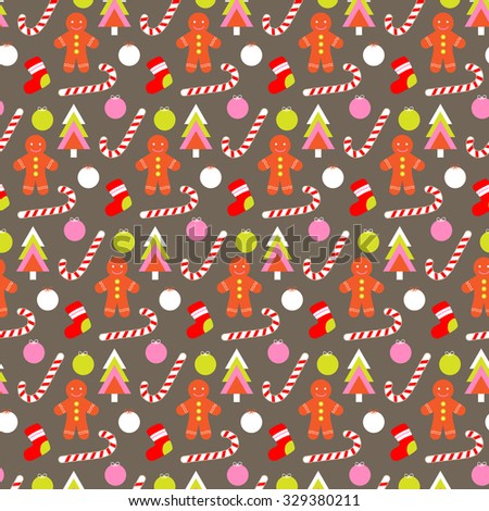 Merry Christmas seamless pattern. Candy, cake, ball,  toy,  sock,  lollipop, and Christmas tree. Vector illustration