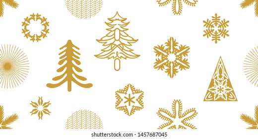 Feliz Navidad sin fisuras para tarjetas y envolturas de regalo. Copos de nieve, abetos y otras decoraciones con diferentes adornos. Colección de diseño retro.