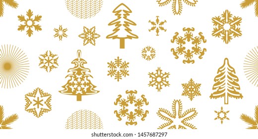 Merry Christmas seamless pattern for cards and gift wrappings. Snowflakes, fir trees and golden ornaments. Retro design collection.