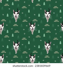 Merry Christmas seamless pattern with cats, holiday texture. Square format, t-shirt, poster, packaging, textile, textile, fabric, decoration, wrapping paper. Trendy hand-drawn cat wallpaper. Feline 