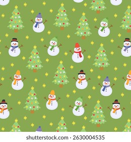 Feliz Natal padrão sem emenda com bonecos de neve alegres e ilustração vetorial de árvores de Natal. Fundo festivo com elementos de férias clássicos.