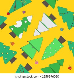 Merry Christmas seamless pattern. Christmas-tree on yellow background.	