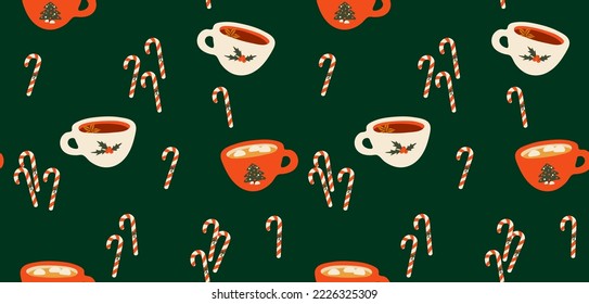 Merry Christmas seamless pattern. Cnady cane and cocoa mug. Wrapping paper for gift