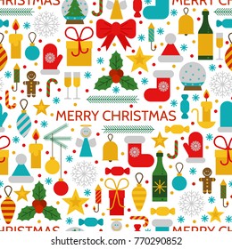 Merry Christmas. Seamless pattern with color icons of Xmas symbols made in flat style on a white background. Vector illustration. Template for wrapping paper, textiles