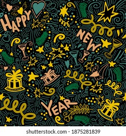 Merry Christmas seamless pattern with colored doodles and lettering happy new year words. Garlands, cake, gifts, glasses, confetti and handwriting lettering on trendy color tidewater green on gold.