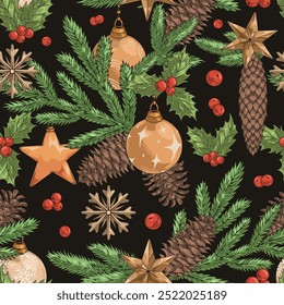 Merry Christmas seamless pattern colorful with New Year tree branches and pine cones near red balls and stars vector illustration