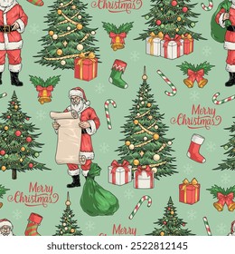 Merry Christmas seamless pattern colorful Santa with list gifts standing near Christmas trees with bells and candy canes vector illustration