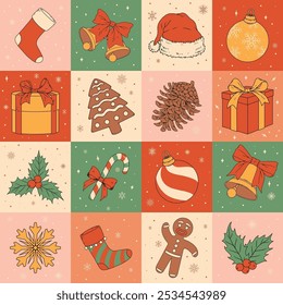 Merry Christmas seamless pattern colorful with symbols of celebrating New Year and having great holiday during winter holidays vector illustration