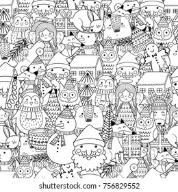 Merry Christmas seamless pattern for coloring book. Black and white background. Vector illustration