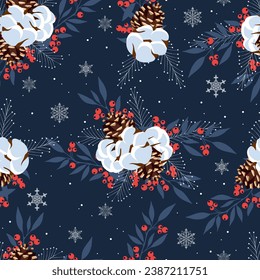 Frohe Weihnachten nahtlose Muster mit Baumwolle, Pflanzen und roten Beeren. Fröhliche Weihnachten, Vektorgrafik.