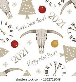 Merry christmas seamless pattern. Cow vector. Bull symbol. Happy new year print design. White bull print paper. Winter background