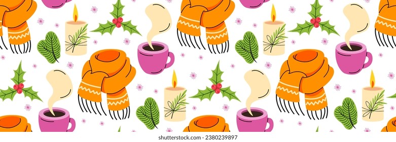 Merry Christmas seamless pattern. Cozy winter items scarf hot drink fir branches and candles. Pattern for background, printing on wrapping paper, wallpaper or fabric. Vector flat illustration.