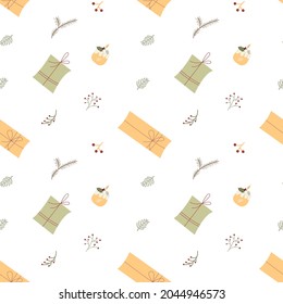 Feliz Navidad sin fisuras con cajas de regalo de artesanía, velas y ramas. Invierno feliz fondo de vacaciones. El diseño acogedor del Doodle. Ilustración del vector