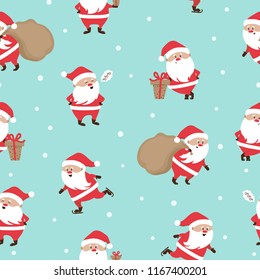 Merry Christmas seamless pattern with cute Santa Claus. Wrapping paper design.