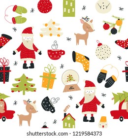 Merry Christmas seamless pattern with cute holiday elements. Vector hand drawn illustration. 