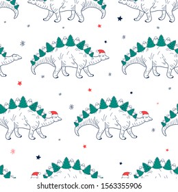 Merry christmas seamless pattern and cute dinosaur vector. 