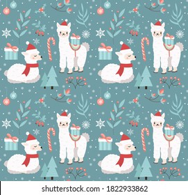 Feliz Navidad sin fisuras. Llama de corte en el bosque invernal repetiendo textura. Pequeña alpaca con sombrero de santa claus, copos de nieve de fondo interminable. Ilustración del vector