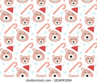 Merry christmas seamless pattern. Cute teddy bear in a hat of Santa Claus, snowflakes endless texture background. Vector illustration